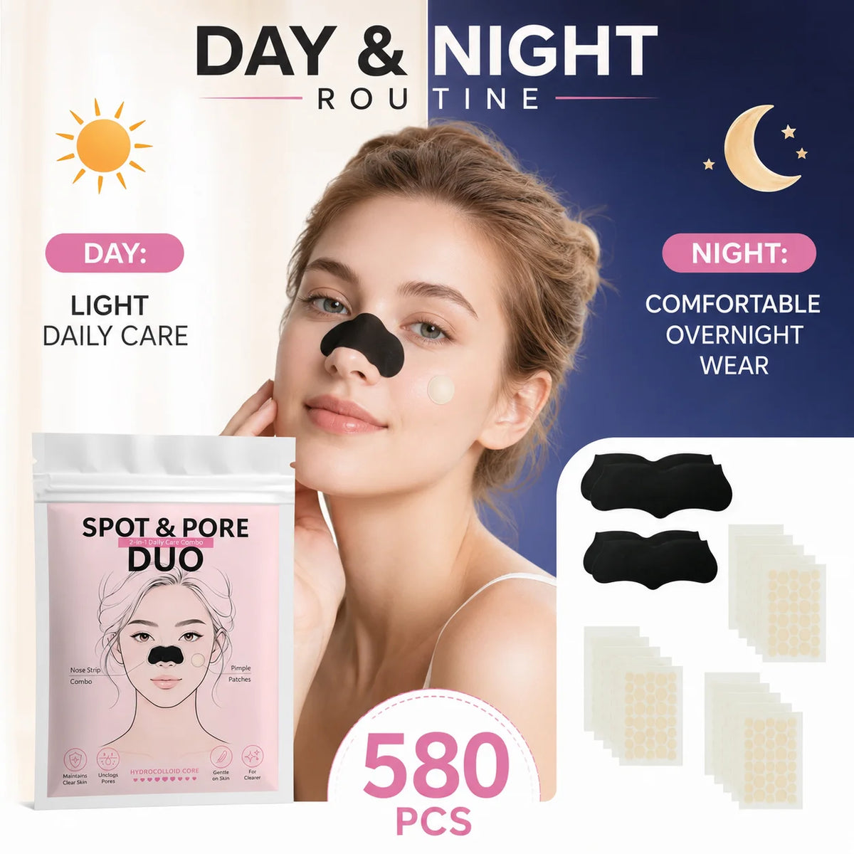 580Pcs 2 In 1 Nose Strip And Face Dot Set, Blackhead Nose Patch With Round Face Stickers Beauty Combo Pack