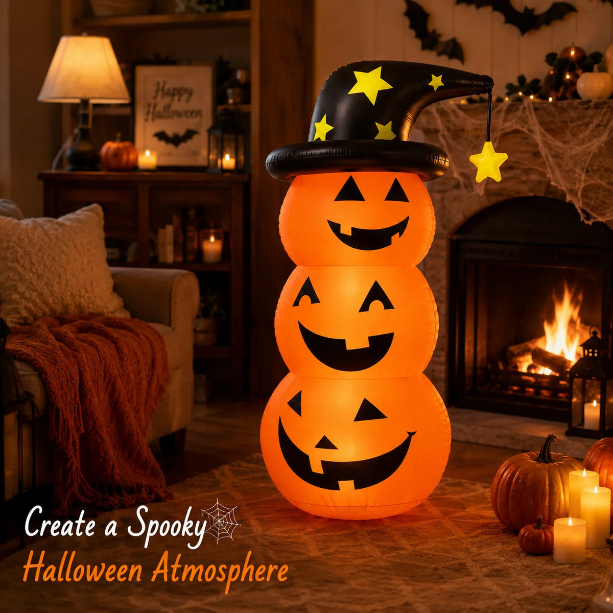 Halloween Inflatable Pumpkin Stack Decoration with Witch Hat Lighted Outdoor Yard Porch Party Decor