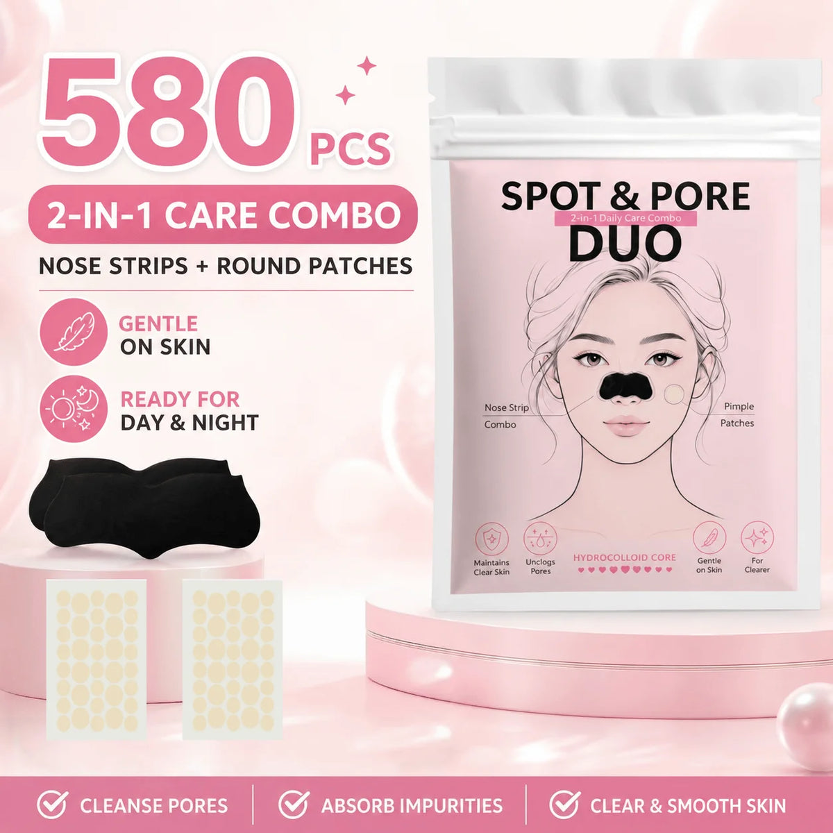 580Pcs 2 In 1 Nose Strip And Face Dot Set, Blackhead Nose Patch With Round Face Stickers Beauty Combo Pack